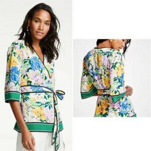 Ann Taylor Blooming Floral Spring Garden Kimono Top Wrap Blouse Shirt XS or S